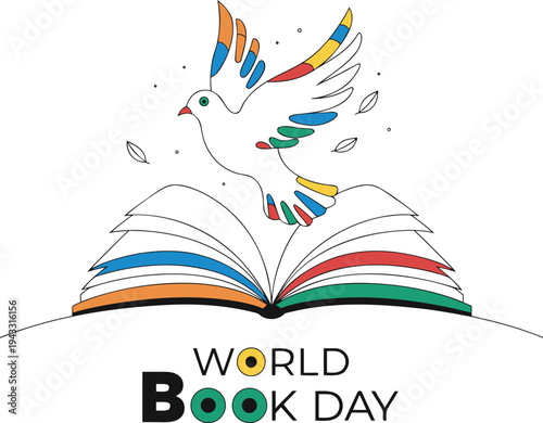 World Book Day vector illustration, open book with flying dove, literary celebration symbol.
