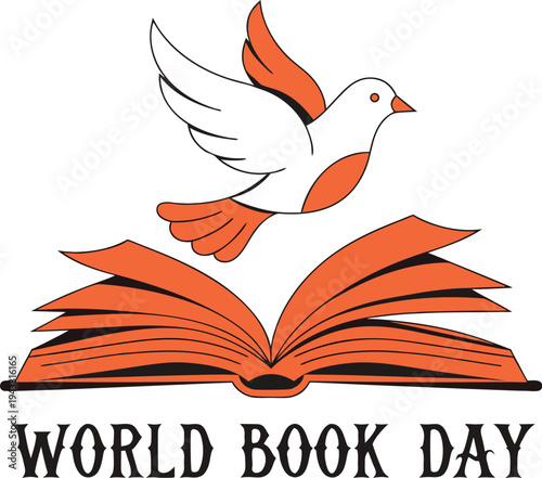 World Book Day vector illustration, open book with flying dove, literary celebration symbol.

