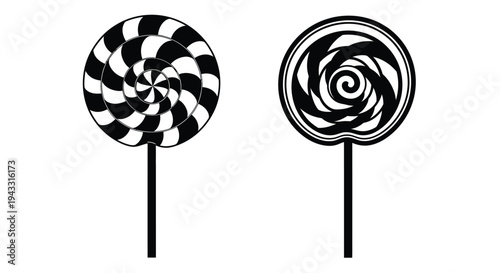 Optical illusion featuring two black and white spiral lollipops on sticks