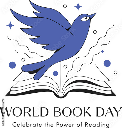 World Book Day vector illustration, open book with flying dove, literary celebration symbol.
