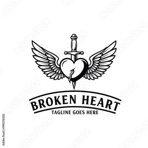 Classic graphic emblem: a winged, broken heart pierced by a dagger, symbolizing deep emotional pain.