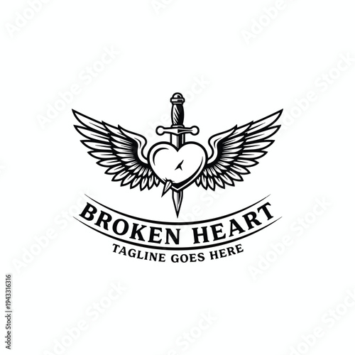 Stylized winged heart pierced by a sword in monochrome, an emblem of sorrow and emotional pain.