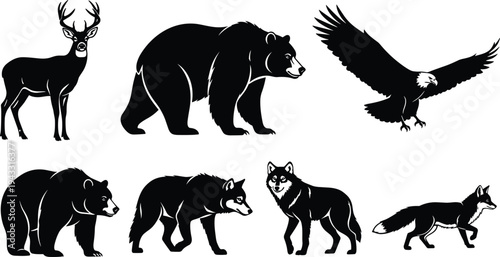 Wild Forest Animals Set with Bear Eagle Wolf Deer and Fox Silhouettes, cad drawing flat vector illustration, Nature Wildlife Fauna.