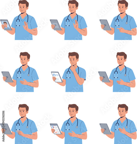 Male nurse character set wearing blue scrubs using digital tablet and medical tools