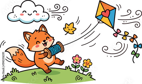 Cute happy cartoon fox flying colorful kite on windy grassy hill with smiling cloud and flowers vector art illustration
