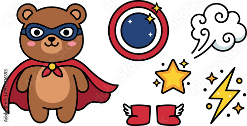 Cute superhero teddy bear with red cape and mask colorful cartoon vector art with magic star shield and lightning effects