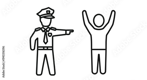 A police officer directs a person with hands raised in a simple line drawing