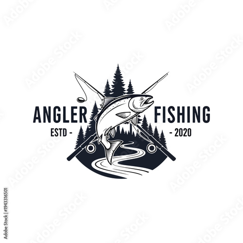 Angler Fishing Emblem: Jumping Fish, Rods, River, and Forest Silhouette Illustration