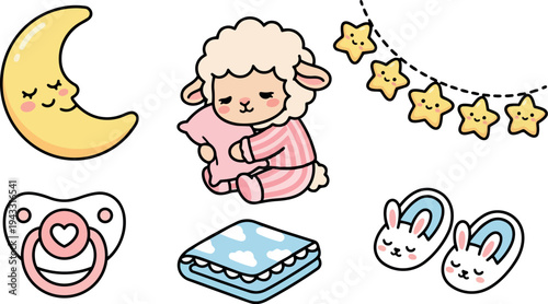 Cute sleeping lamb in pink pajamas hugging pillow with smiling moon stars bunny slippers and pacifier baby sleep theme vector illustration