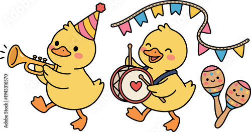 Cute yellow ducklings playing trumpet and drum with party hat and colorful bunting festive vector illustration