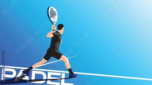 Padel player in action on blue court. Perfect for sports magazines, website banners, ads. Advertisement for padel equipment and tournaments.