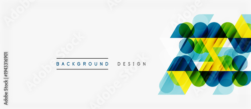 Abstract geometric shapes overlap, creating vibrant visual texture. Minimalist design features clean lines, bright colors.