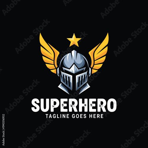 Illustrative knight helmet with golden wings and star on black background, powerful heroic emblem design