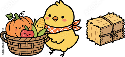 Cute smiling yellow chick holding autumn basket with pumpkin apple corn and haystack cartoon vector art illustration
