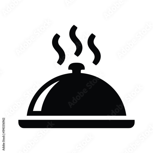Hot food serving dish icon, black silhouette with steam rising, clean design