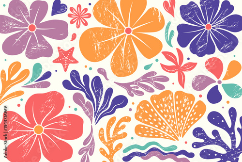 Summer set with tropical flowers. Exotic banner in groovy style. Background with seaweed, flowers, corals
