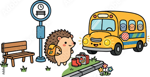 Cute smiling hedgehog with backpack waiting at bus stop near wooden bench and yellow school bus with children inside colorful vector