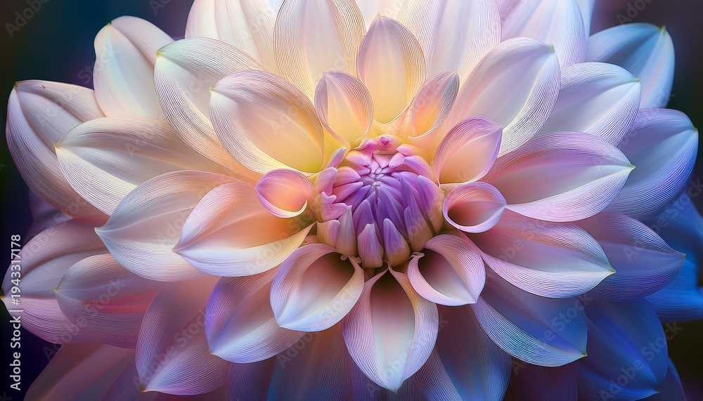 Fototapeta premium A Detailed Artistic Composition Of A White Dahlia Or Chrysanthemum With A Pastel Gradient Center