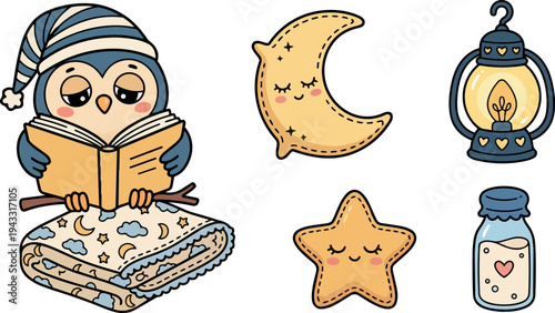 Cute sleepy cartoon owl reading book on starry blanket with smiling moon star lantern and milk bottle vector art