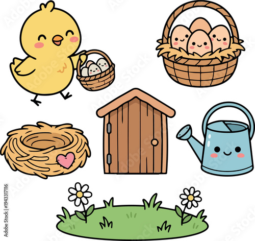 Cute yellow chick holding basket with eggs near wooden birdhouse and watering can with nest and flowers in flat design vector illustration