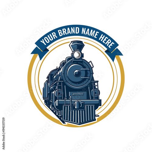 Classic steam train locomotive illustration emblem design, front view, vintage transport concept.
