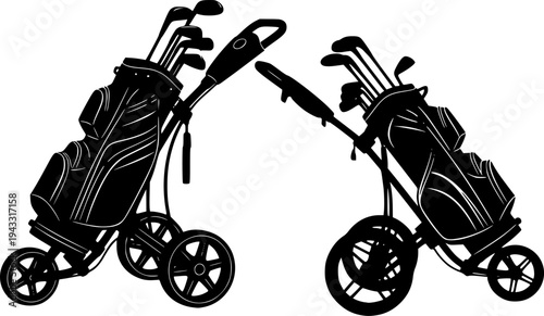 Golf push cart silhouette, Golf pull cart silhouette, Golf push cart, Golf pull cart, Golf bag trolley silhouette, Bag trolley, Golf pushcart vector
