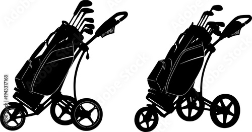 Golf push cart silhouette, Golf pull cart silhouette, Golf push cart, Golf pull cart, Golf bag trolley silhouette, Bag trolley, Golf pushcart vector
