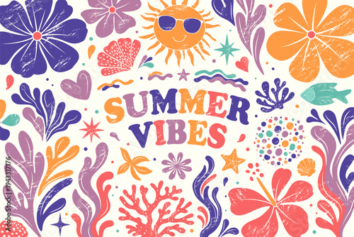 Tropical summer banner. Groovy tropical set. Seaweed, shells, flowers, coral, sun. Beach elements with playful shapes.