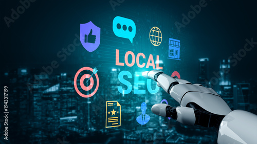 Wallpaper Mural A robotic hand reaches towards colorful icons representing local SEO concepts in a futuristic digital setting, symbolizing innovation in marketing strategies. Gantry Torontodigital.ca