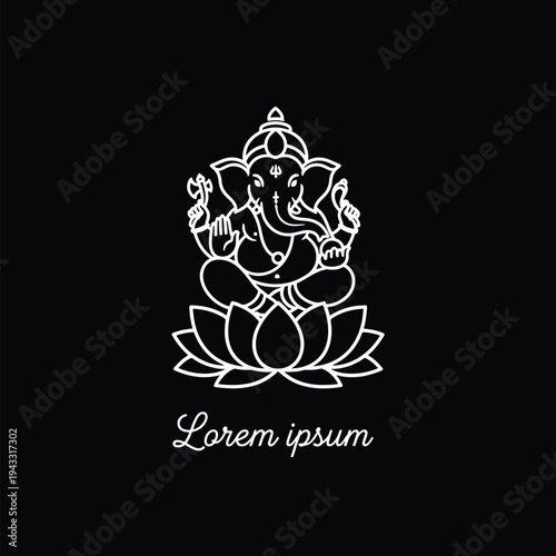 White line art illustration of a revered elephant-headed deity on lotus, spiritual vector design