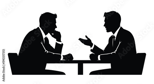 Two men in suits converse across a table black silhouette