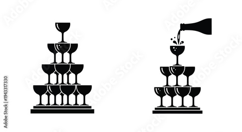 Champagne tower design with pouring bottle a striking black silhouette