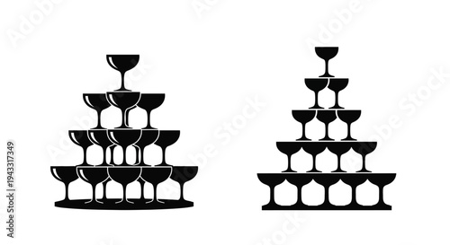 Two champagne glass towers displayed in a striking black silhouette