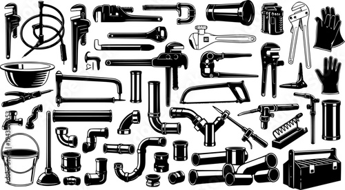 Plumbing tools silhouette, Plumbers equipment silhouettes set
