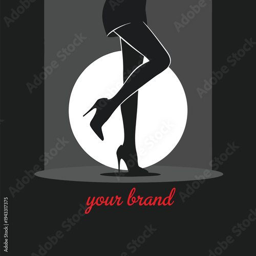 Elegant female silhouette in high heels under a bright spotlight, vector illustration