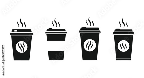 Four black coffee cups with steam a bold graphic silhouette