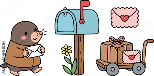 Cute cartoon mole carrying envelope near blue mailbox with flower brown gift box on wooden cart and love letter illustration