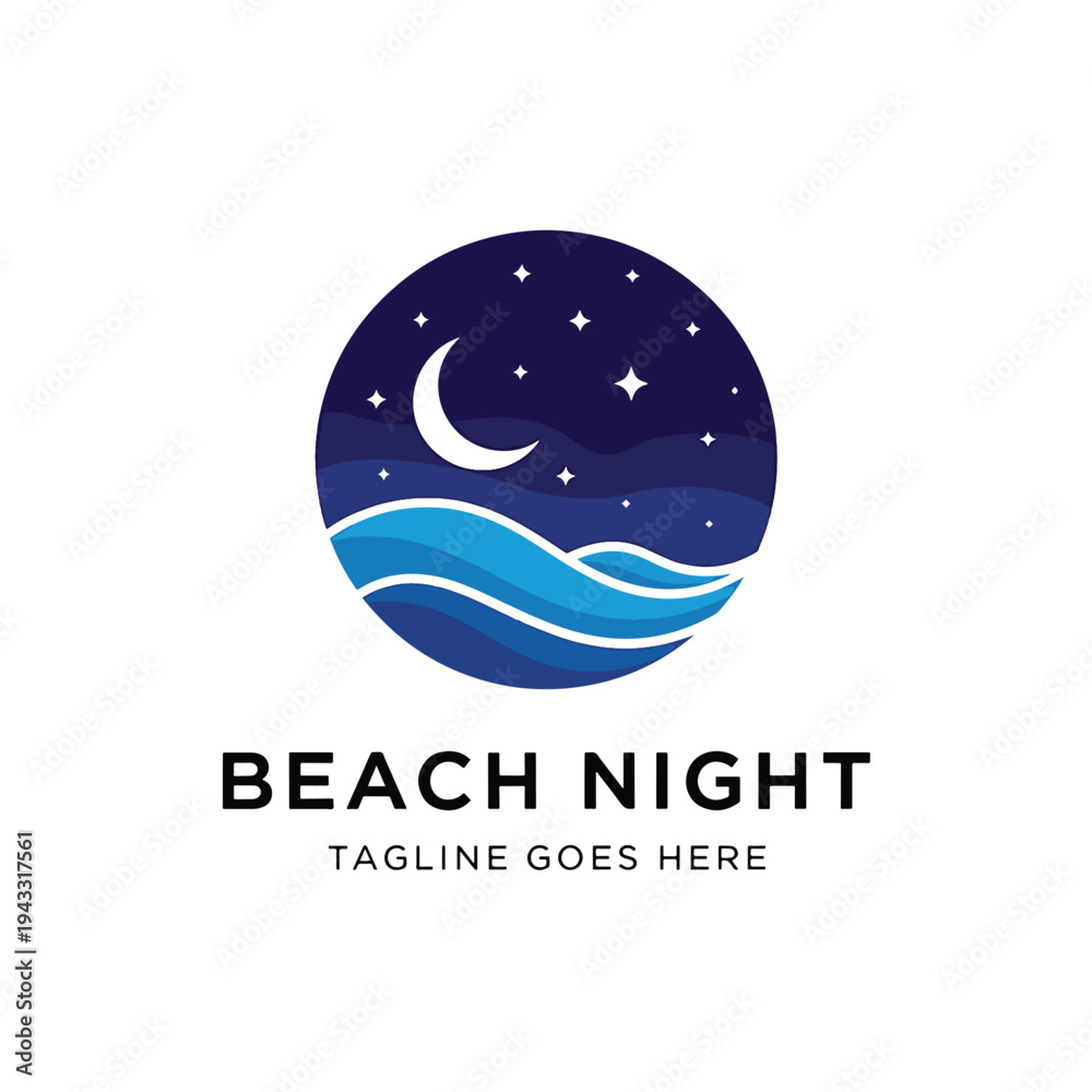 Obraz premium Stylized vector illustration of a serene night beach with a crescent moon and stars.