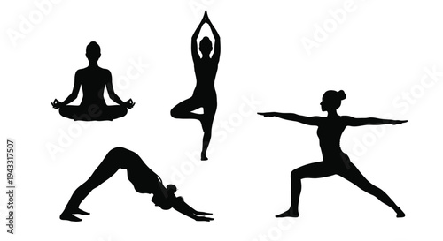 Four yoga poses depicted in a striking black silhouette