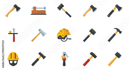 Collection of colorful construction tools and safety equipment icons