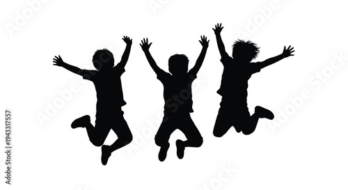 Three children jumping joyfully against a white background silhouette