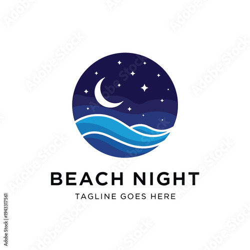 Stylized vector illustration of a serene night beach with a crescent moon and stars.