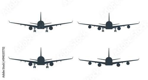 Four views of a commercial airplane in flight black silhouette