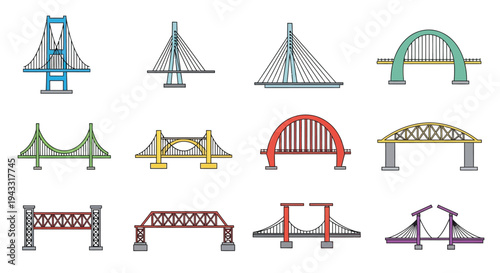 Colorful illustration depicting a variety of bridge designs and architectural styles
