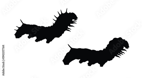 Two caterpillar silhouettes against a white background detailed outline silhouette