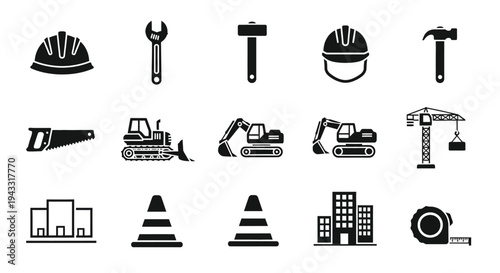 Construction tools and equipment icons in a black and white design