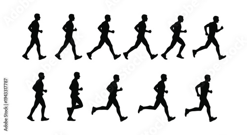 A sequence of runners in various poses depicted as a silhouette