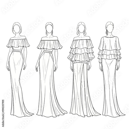 Fashion illustration of four women's evening gowns with off-the-shoulder ruffled necklines and flowing skirts.