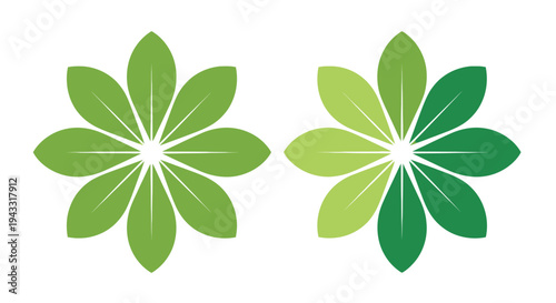 Two floral designs with radiating petals a vibrant green silhouette