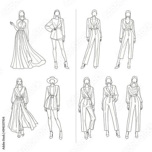 Collection of Fashionable Women's Outfits Illustrated in a Sketchy, Elegant Style.